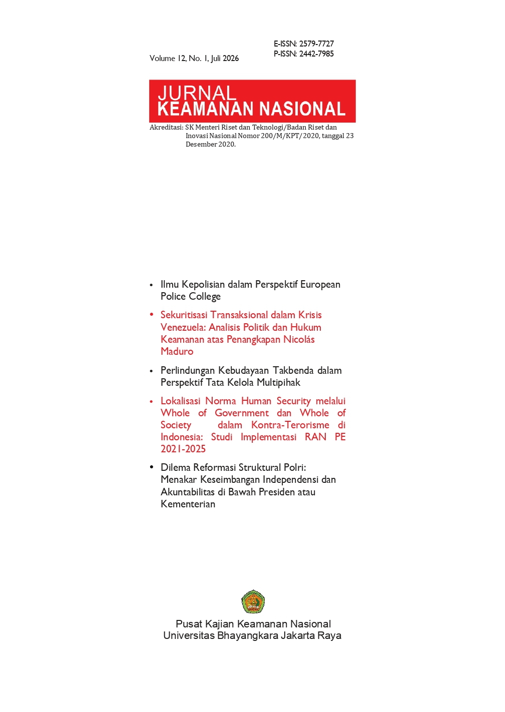 					View Vol. 12 No. 1 (2026): JURNAL KEAMANAN NASIONAL VOL. 12 NO. 1 TAHUN 2026 (JULY 2026)
				